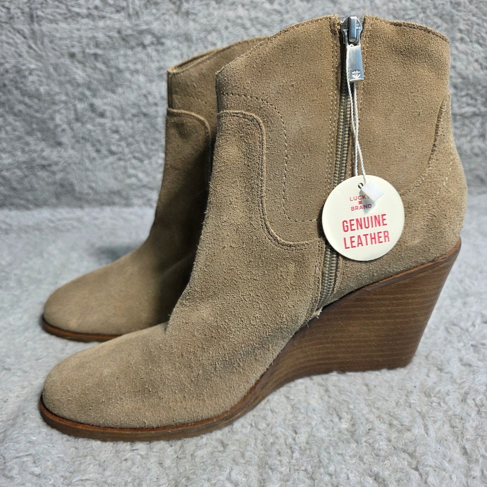 Lucky Brand Suede Wedge‎ Ankle Boots Booties Womens 10 Tan Leather NWT Western